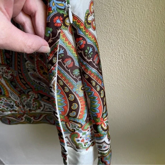 Talbot's Silk Paisley Patterned Blouse. Cap Sleeves, Side Zip. Cream, Green. 2P - Picture 10 of 11